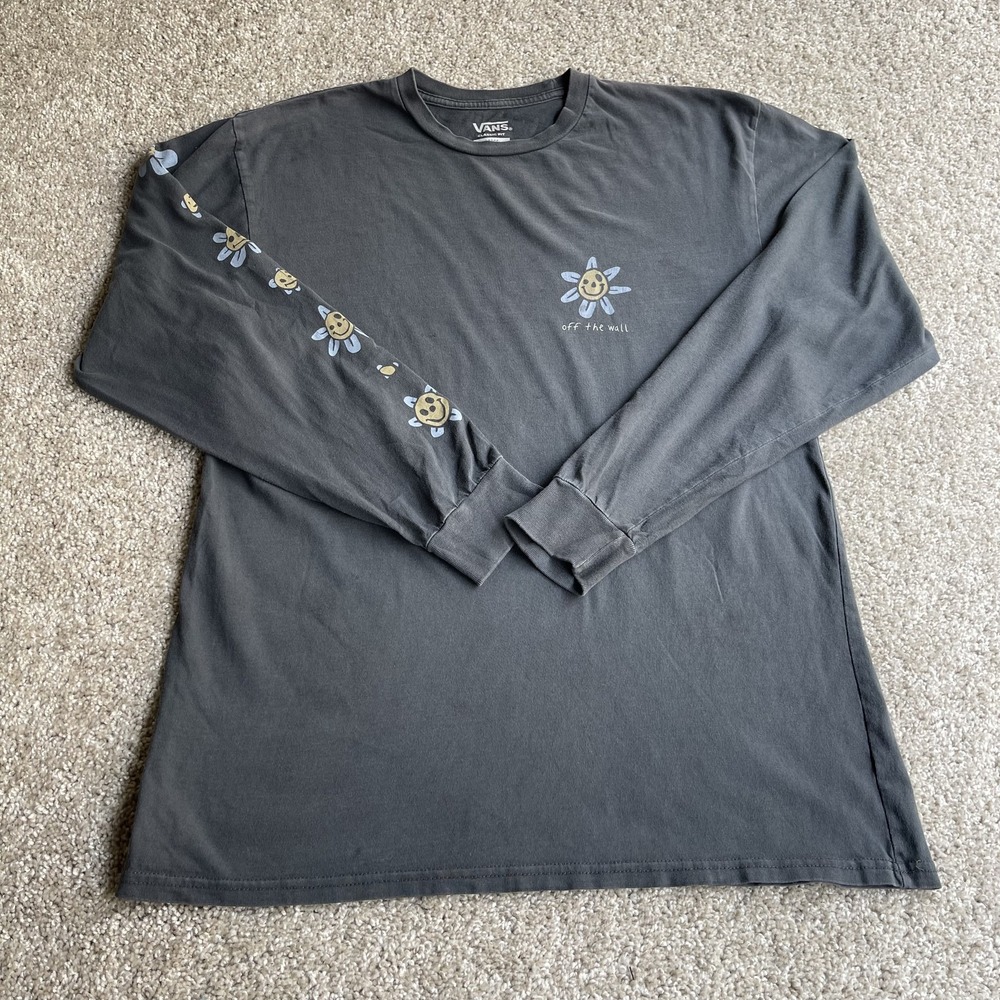 Vans Shirt Mens Large Gray Off The Wall Flower Skate Long Sleeve Tee T-Shirt